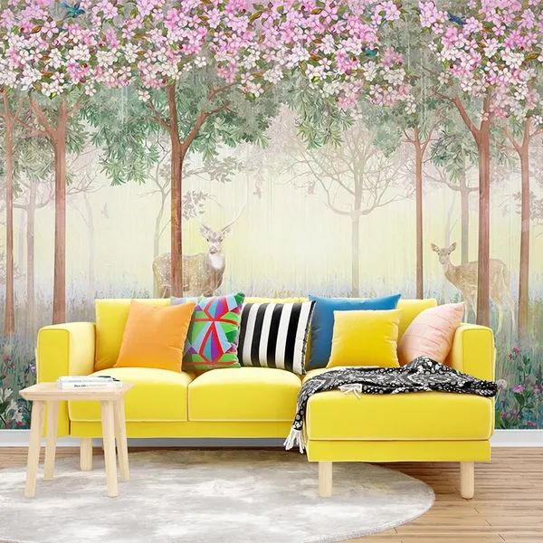 Multicolour_Two_Deer_In_Pink_Forest_Wallpaper_For_Living_Room,_Bedroom_|_Self_Adhesive_Just_Peel_And_Stick_Wallpaper_For_Office_Wall_Decors