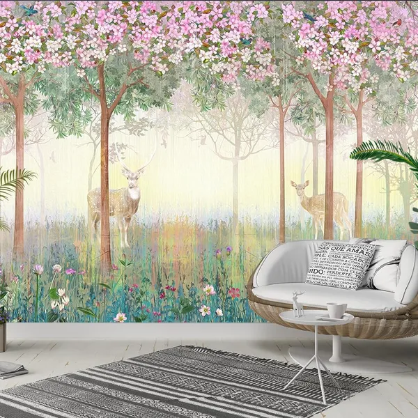 Multicolour_Two_Deer_In_Pink_Forest_Wallpaper_For_Living_Room,_Bedroom_|_Self_Adhesive_Just_Peel_And_Stick_Wallpaper_For_Office_Wall_Decors