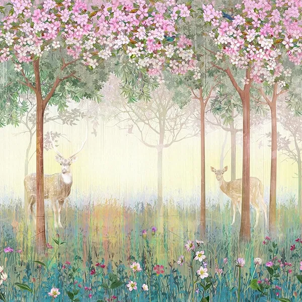 Multicolour_Two_Deer_In_Pink_Forest_Wallpaper_For_Living_Room,_Bedroom_|_Self_Adhesive_Just_Peel_And_Stick_Wallpaper_For_Office_Wall_Decors