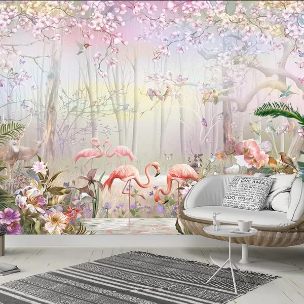 Multicolour_Four_Pink_Swan_Pink_Forest_Wallpaper_For_Living_Room,_Bedroom_|_Self_Adhesive_Just_Peel_And_Stick_Wallpaper_For_Office_Wall_Decors