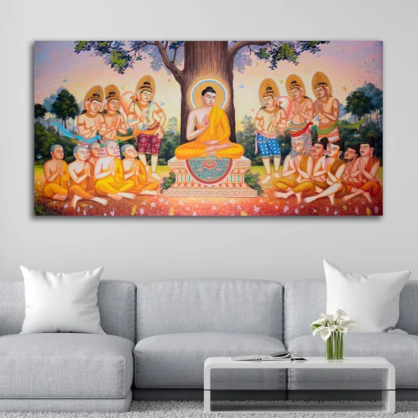 Multicolour_Beautiful_Lord_Buddha_Painting_Canvas_Wall_Frame_Wall_Decor,_Big_Size_Canvas_Painting_With_Frame_|_Buddha_Painting_Under_Bodhi_Tree_(Ready_To_Hang)_(60_By_30_Inches)