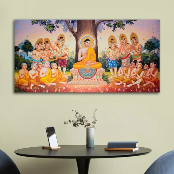 Multicolour_Beautiful_Lord_Buddha_Painting_Canvas_Wall_Frame_Wall_Decor,_Big_Size_Canvas_Painting_With_Frame_|_Buddha_Painting_Under_Bodhi_Tree_(Ready_To_Hang)_(60_By_30_Inches)