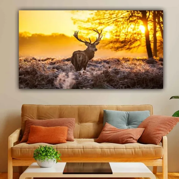 Multicolour_Beautiful_Deer_In_Forest_Sunrise_Landscape_Painting_Canvas_Modern_Wall_Art_Decor_Big_Large_Size_Paintings_For_Living_Room_(With_Frame)_(60_By_30_Inches_|_150_By_75_Cm)