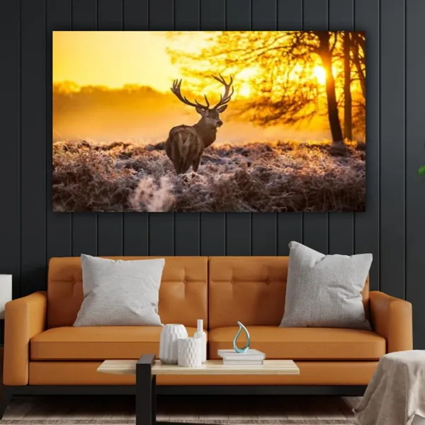 Multicolour_Beautiful_Deer_In_Forest_Sunrise_Landscape_Painting_Canvas_Modern_Wall_Art_Decor_Big_Large_Size_Paintings_For_Living_Room_(With_Frame)_(60_By_30_Inches_|_150_By_75_Cm)
