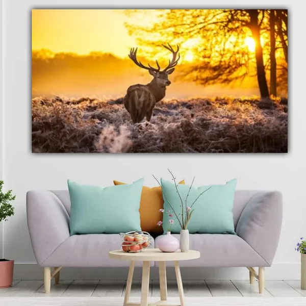 Multicolour_Beautiful_Deer_In_Forest_Sunrise_Landscape_Painting_Canvas_Modern_Wall_Art_Decor_Big_Large_Size_Paintings_For_Living_Room_(With_Frame)_(60_By_30_Inches_|_150_By_75_Cm)