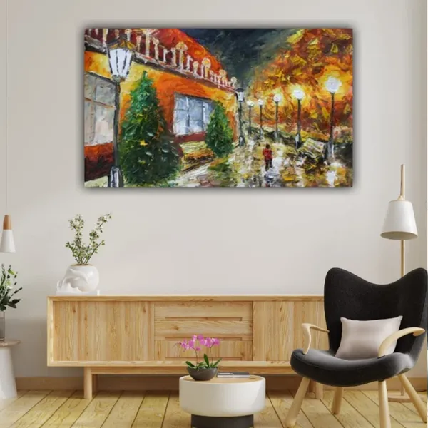 Multicolour_Beautiful_Canvas_Painting_A_Man_Walking_Under_Night_Lamps_Abstract_Modern_Wall_Art_Decor_Big_Large_Size_Landscape_Paintings_(48_By_24_Inches_|_120_By_60_Cm)_(With_Frame)