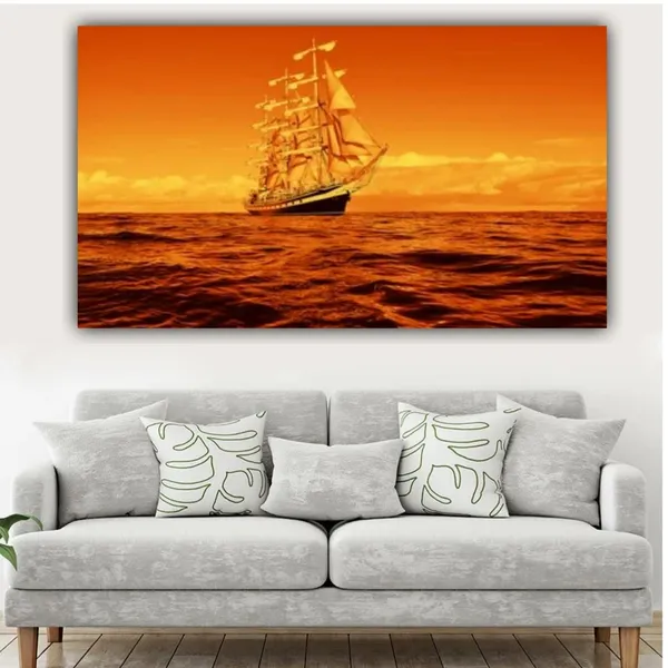 Multicolour_Beautiful_Canvas_Paintings_Sailing_Ship_In_A_Golden_Sunset_Large_Size_Painting_For_Living_Room_(With_Frame)_(60_By_30_Inches)