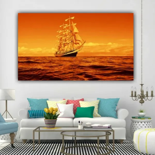 Multicolour_Beautiful_Canvas_Paintings_Sailing_Ship_In_A_Golden_Sunset_Large_Size_Painting_For_Living_Room_(With_Frame)_(60_By_30_Inches)