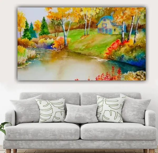 Multicolour_Beautiful_Autumn_Forest_And_A_Hut_Near_A_Riverbank_Landscape_Paintings_Canvas_Modern_Wall_Art_Decor_Big_Large_Size_Painting_(With_Frame)_(60_By_30_Inches_|_150_By_75_Cm)