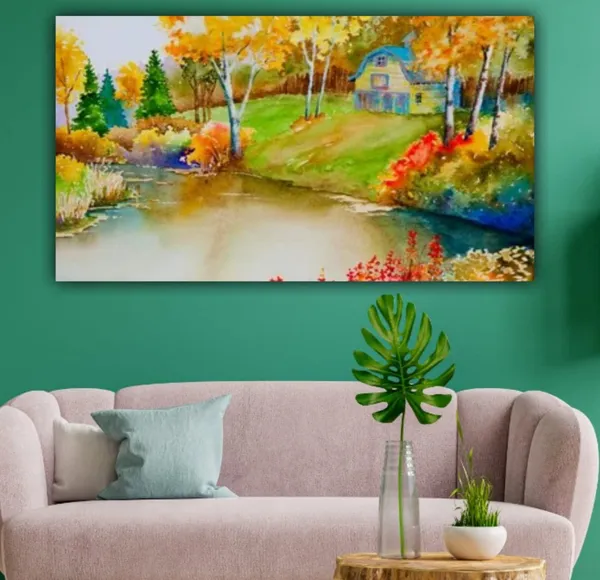Multicolour_Beautiful_Autumn_Forest_And_A_Hut_Near_A_Riverbank_Landscape_Paintings_Canvas_Modern_Wall_Art_Decor_Big_Large_Size_Painting_(With_Frame)_(60_By_30_Inches_|_150_By_75_Cm)