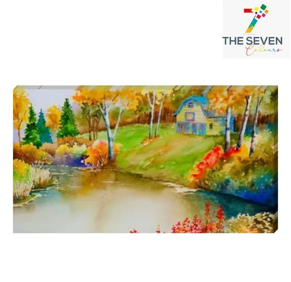 Multicolour_Beautiful_Autumn_Forest_And_A_Hut_Near_A_Riverbank_Landscape_Paintings_Canvas_Modern_Wall_Art_Decor_Big_Large_Size_Painting_(With_Frame)_(60_By_30_Inches_|_150_By_75_Cm)