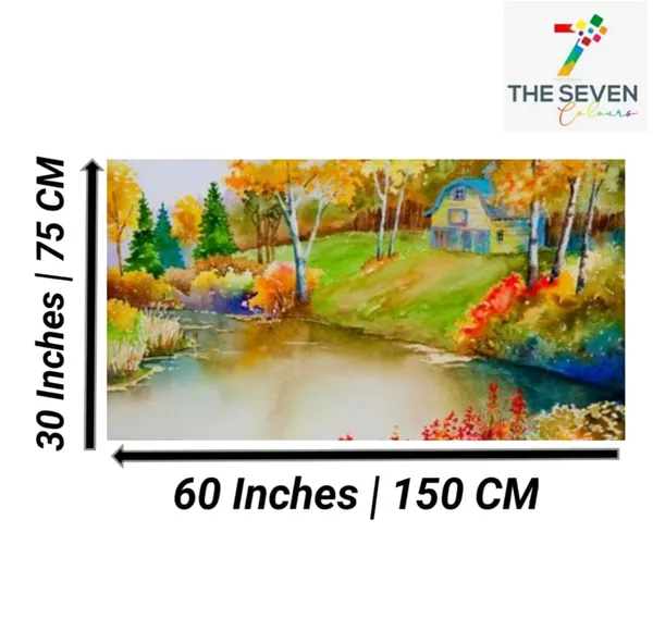 Multicolour_Beautiful_Autumn_Forest_And_A_Hut_Near_A_Riverbank_Landscape_Paintings_Canvas_Modern_Wall_Art_Decor_Big_Large_Size_Painting_(With_Frame)_(60_By_30_Inches_|_150_By_75_Cm)