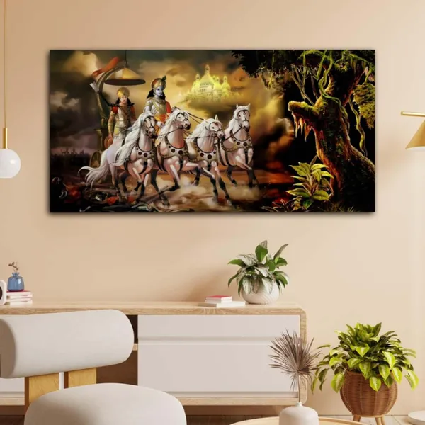 Multicolour_Beautiful_Landscape_Krishna_With_Arjun_On_Rath_Canvas_Painting_Wall_Frame_Wall_Decor_For_Living_Room,_Modern_Art_Painting_(Ready_To_Hang)_(48_By_24_Inches)