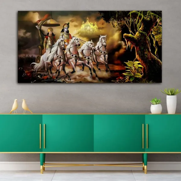 Multicolour_Beautiful_Landscape_Krishna_With_Arjun_On_Rath_Canvas_Painting_Wall_Frame_Wall_Decor_For_Living_Room,_Modern_Art_Painting_(Ready_To_Hang)_(48_By_24_Inches)