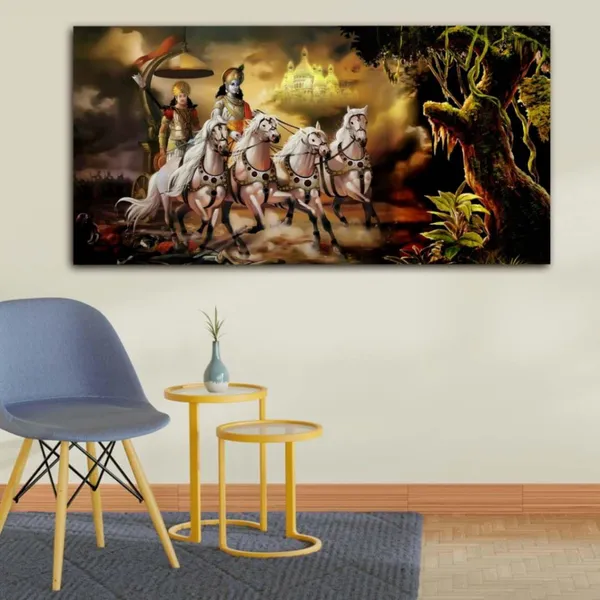 Multicolour_Beautiful_Landscape_Krishna_With_Arjun_On_Rath_Canvas_Painting_Wall_Frame_Wall_Decor_For_Living_Room,_Modern_Art_Painting_(Ready_To_Hang)_(48_By_24_Inches)