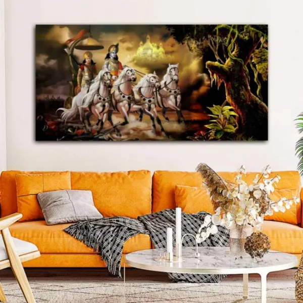 Multicolour_Beautiful_Landscape_Krishna_With_Arjun_On_Rath_Canvas_Painting_Wall_Frame_Wall_Decor_For_Living_Room,_Modern_Art_Painting_(Ready_To_Hang)_(48_By_24_Inches)