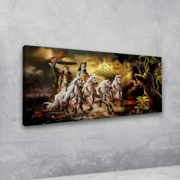 Multicolour_Beautiful_Landscape_Krishna_With_Arjun_On_Rath_Canvas_Painting_Wall_Frame_Wall_Decor_For_Living_Room,_Modern_Art_Painting_(Ready_To_Hang)_(48_By_24_Inches)