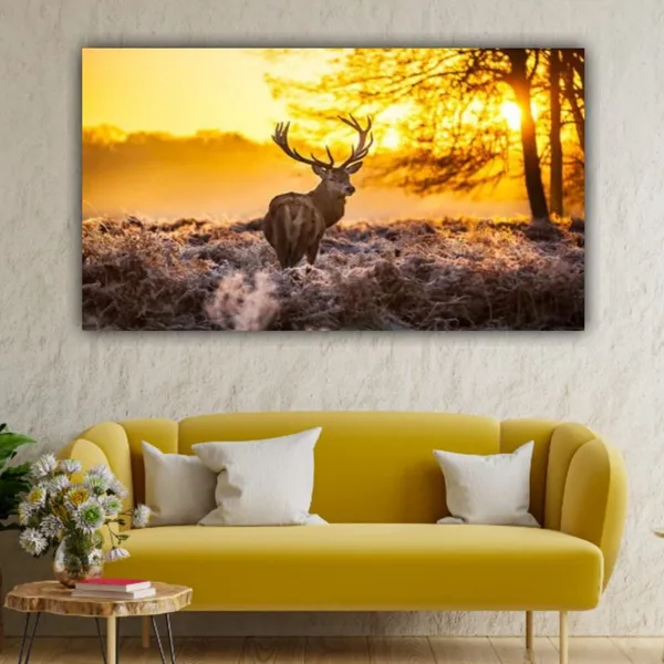 Multicolour_Beautiful_Deer_In_Forest_Sunrise_Landscape_Painting_Canvas_Modern_Wall_Art_Decor_Big_Large_Size_Paintings_For_Living_(With_Frame)_(48_By_24_Inches)