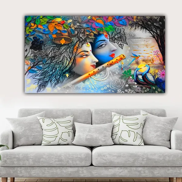Multicolour_Beautiful_Krishna_And_Radha_Canvas_Painting_For_Living_Room_Big_Size_Office_Walls(With_Frame)_(48_X_24_Inches)(Multi_Colour)