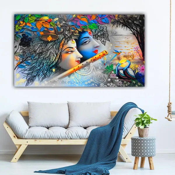 Multicolour_Beautiful_Krishna_And_Radha_Canvas_Painting_For_Living_Room_Big_Size_Office_Walls(With_Frame)_(48_X_24_Inches)(Multi_Colour)