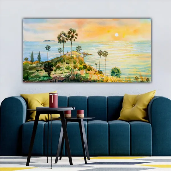 Multicolour_Beautiful_Trees_Near_River_Bank_Sunrise_Landscape_Paintings_Canvas_Abstract_Modern_Wall_Art_Decor_Big_Large_Size_Painting_For_Living_Room_(With_Frame)_(48_By_24_Inches)