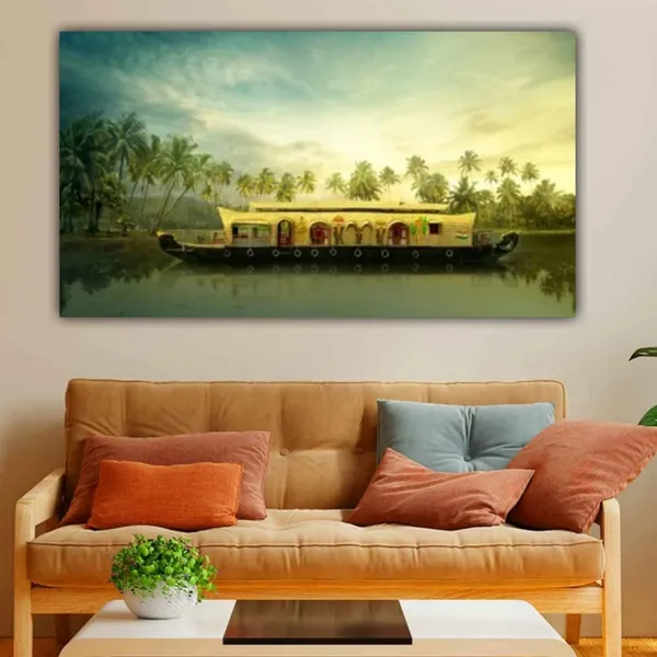 Multicolour_Beautiful_Boat_House_In_A_River_Landscape_Painting_Canvas_Abstract_Modern_Wall_Art_Decor_Big_Large_Size_Painting_Frame_For_Living_Room_(With_Frame)_(48_By_24_Inches)