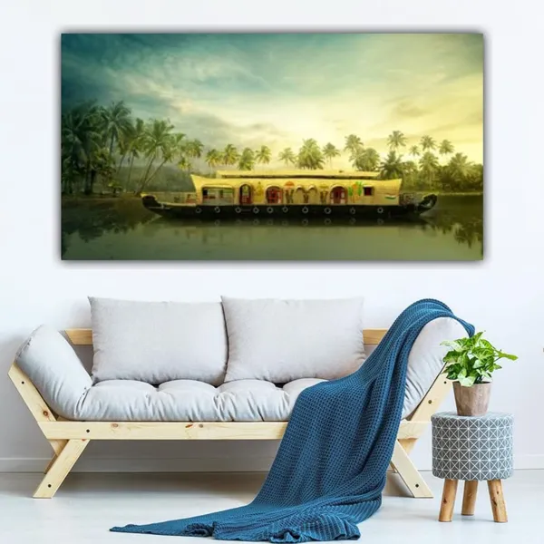 Multicolour_Beautiful_Boat_House_In_A_River_Landscape_Painting_Canvas_Abstract_Modern_Wall_Art_Decor_Big_Large_Size_Painting_Frame_For_Living_Room_(With_Frame)_(48_By_24_Inches)