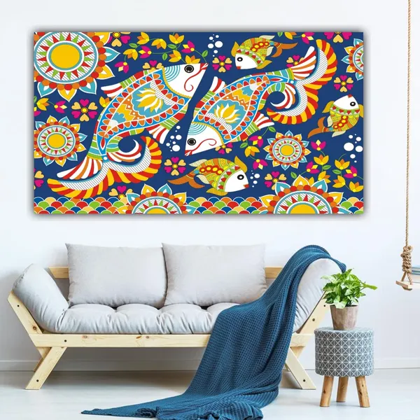 Multicolour_Beautiful_Madhubani_Fish_Art_Painting_Canvas_Abstract_Modern_Wall_Decor_Big_Large_Size_Frame_For_Living_Room_|_Bedroom_|_(With_Frame)_(48_By_24_Inches_|_120_By_60_Cm)