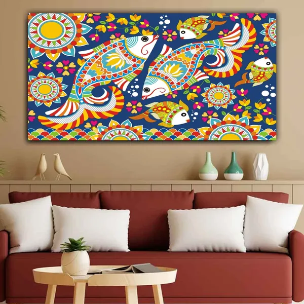 Multicolour_Beautiful_Madhubani_Fish_Art_Painting_Canvas_Abstract_Modern_Wall_Decor_Big_Large_Size_Frame_For_Living_Room_|_Bedroom_|_(With_Frame)_(48_By_24_Inches_|_120_By_60_Cm)