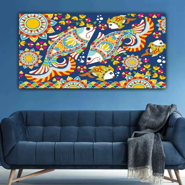 Multicolour_Beautiful_Madhubani_Fish_Art_Painting_Canvas_Abstract_Modern_Wall_Decor_Big_Large_Size_Frame_For_Living_Room_|_Bedroom_|_(With_Frame)_(48_By_24_Inches_|_120_By_60_Cm)