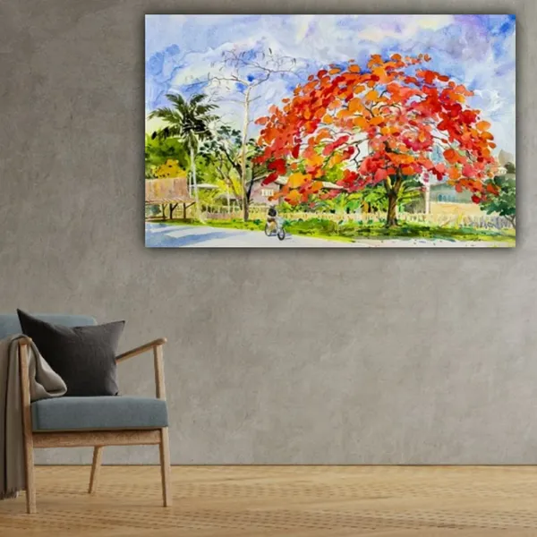 Multicolour_Beautiful_Little_Girl_With_Dog_Walking_Under_Red_Flower_Tree_Canvas_Landscape_Paintings_Abstract_Modern_Wall_Art_Decor_Painting_Frame_(With_Frame)_(36_By_24_Inches)