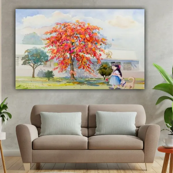 Multicolour_Beautiful_Little_Girl_With_Dog_Walking_Under_Red_Flower_Tree_Canvas_Landscape_Paintings_Abstract_Modern_Wall_Art_Decor_Painting_Frame_(With_Frame)_(36_By_24_Inches)