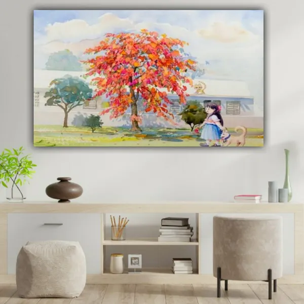 Multicolour_Beautiful_Little_Girl_With_Dog_Walking_Under_Red_Flower_Tree_Canvas_Landscape_Paintings_Abstract_Modern_Wall_Art_Decor_Painting_Frame_(With_Frame)_(36_By_24_Inches)