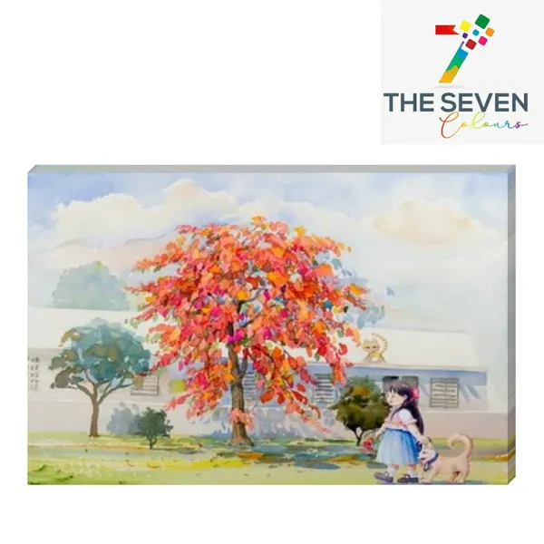 Multicolour_Beautiful_Little_Girl_With_Dog_Walking_Under_Red_Flower_Tree_Canvas_Landscape_Paintings_Abstract_Modern_Wall_Art_Decor_Painting_Frame_(With_Frame)_(36_By_24_Inches)