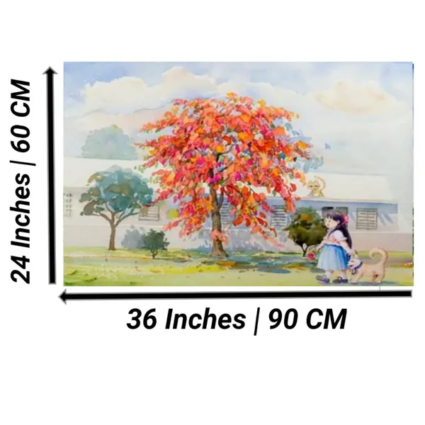 Multicolour_Beautiful_Little_Girl_With_Dog_Walking_Under_Red_Flower_Tree_Canvas_Landscape_Paintings_Abstract_Modern_Wall_Art_Decor_Painting_Frame_(With_Frame)_(36_By_24_Inches)