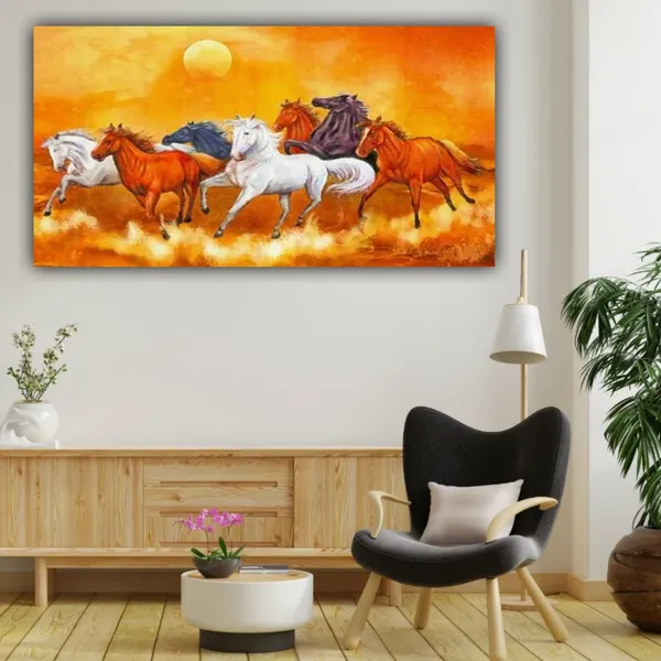 Multicolour_Beautiful_Vastu_Seven_Running_Horses_Painting_Sunrise_With_Frame_For_Living_Room_Wall_Decors_Big_Large_Size_Canvas_Modern_Wall_Arts_For_Home_Decoration_|_Bedroom_(60_By_30_Inches)
