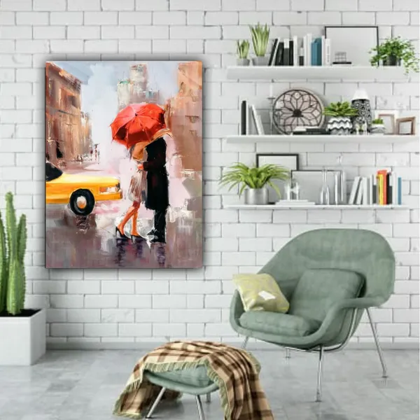 Multicolour_Beautiful_Couple_Under_The_Red_Umbrella_On_Street_Canvas_Abstract_Modern_Art_Painting_For_Living_Room_(With_Frame)_(24_By_48_Inches)