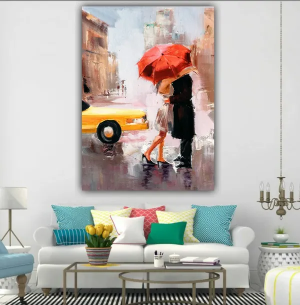 Multicolour_Beautiful_Couple_Under_The_Red_Umbrella_On_Street_Canvas_Abstract_Modern_Art_Painting_For_Living_Room_(With_Frame)_(24_By_48_Inches)