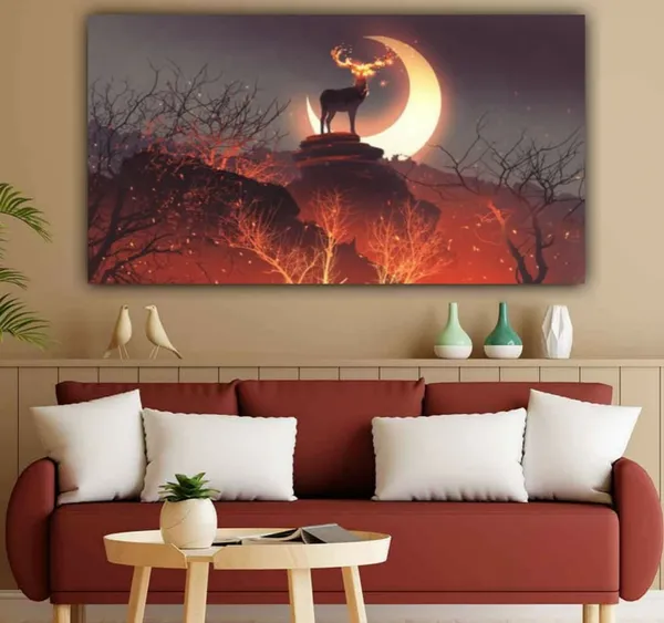 Multicolour_Canvas_Paintings_Deer_In_Forest_Modern_Wall_Art_Painting_For_Living_Room_Bedroom_Office_Walls_(With_Frame)_(60_X_30_Inches)(Multi_Colour)