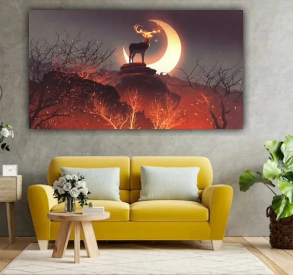 Multicolour_Canvas_Paintings_Deer_In_Forest_Modern_Wall_Art_Painting_For_Living_Room_Bedroom_Office_Walls_(With_Frame)_(60_X_30_Inches)(Multi_Colour)