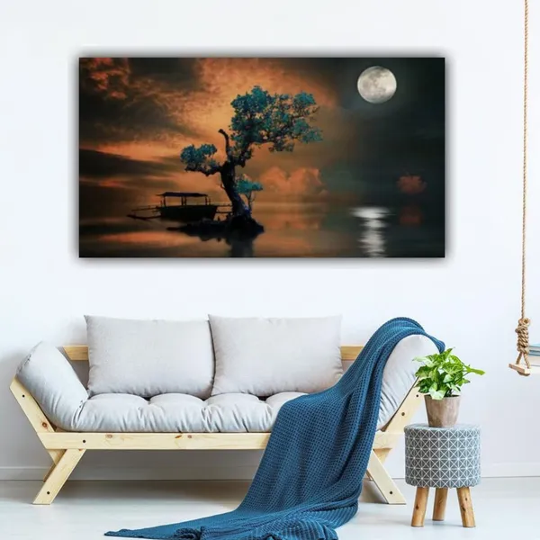 Multicolour_Beautiful_Canvas_Landscape_Painting_Amazing_Tree_Under_Moonlight_Abstract_Modern_Wall_Art_Decor_Big_Large_Size_Paintings_(48_By_24_Inches_|_120_By_60_Cm)_(With_Frame)