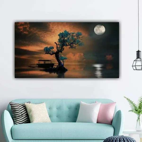Multicolour_Beautiful_Canvas_Landscape_Painting_Amazing_Tree_Under_Moonlight_Abstract_Modern_Wall_Art_Decor_Big_Large_Size_Paintings_(48_By_24_Inches_|_120_By_60_Cm)_(With_Frame)