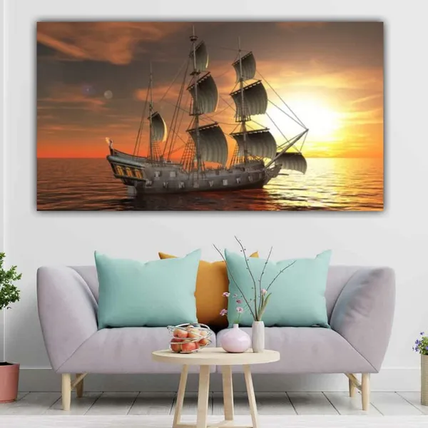 Multicolour_Beautiful_Boat_Sailing_In_The_Ocean_Landscape_Paintings_Canvas_Modern_Art_Wall_Decor_Big_Large_Size_Painting_For_Living_Room_(With_Frame)_(60_By_30_Inches_|_150_By_75_Cm)