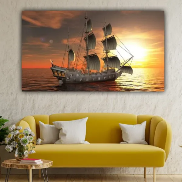 Multicolour_Beautiful_Boat_Sailing_In_The_Ocean_Landscape_Paintings_Canvas_Modern_Art_Wall_Decor_Big_Large_Size_Painting_For_Living_Room_(With_Frame)_(60_By_30_Inches_|_150_By_75_Cm)