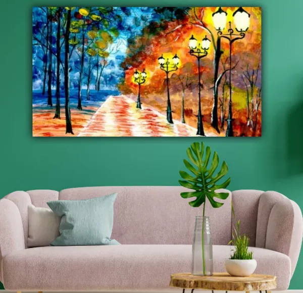 Multicolour_Beautiful_Autumn_City_Night_Landscape_Painting_Canvas_Modern_Wall_Art_Decor_Big_Large_Size_Paintings_For_Living_Room_(With_Frame)_(60_By_30_Inches_|_150_By_75_Cm)