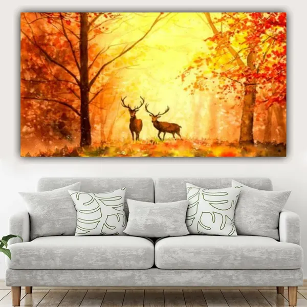 Multicolour_Canvas_Piantings_For_Living_Room_Wall_Decors_Drawing_Room_Deers_In_Autumn_Forest_Abstract_Modern_Wall_Art_Big_Large_Size_Painting_With_Frame_For_Home_Decoration_(48X24_Inches)
