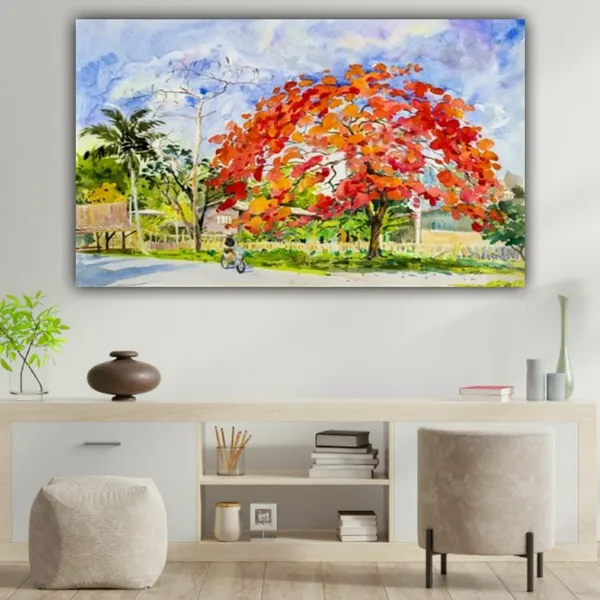 Multicolour_Beautiful_Little_Girl_With_Dog_Walking_Under_Red_Flower_Tree_Canvas_Landscape_Paintings_Abstract_Modern_Wall_Art_Decor_Painting_Frame_(With_Wooden_Frame)_(48_By_36_Inches)