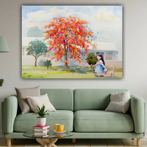 Multicolour_Beautiful_Little_Girl_With_Dog_Walking_Under_Red_Flower_Tree_Canvas_Landscape_Paintings_Abstract_Modern_Wall_Art_Decor_Painting_Frame_(With_Wooden_Frame)_(48_By_36_Inches)