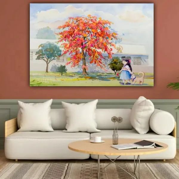 Multicolour_Beautiful_Little_Girl_With_Dog_Walking_Under_Red_Flower_Tree_Canvas_Landscape_Paintings_Abstract_Modern_Wall_Art_Decor_Painting_Frame_(With_Wooden_Frame)_(48_By_36_Inches)