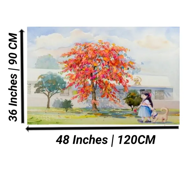 Multicolour_Beautiful_Little_Girl_With_Dog_Walking_Under_Red_Flower_Tree_Canvas_Landscape_Paintings_Abstract_Modern_Wall_Art_Decor_Painting_Frame_(With_Wooden_Frame)_(48_By_36_Inches)